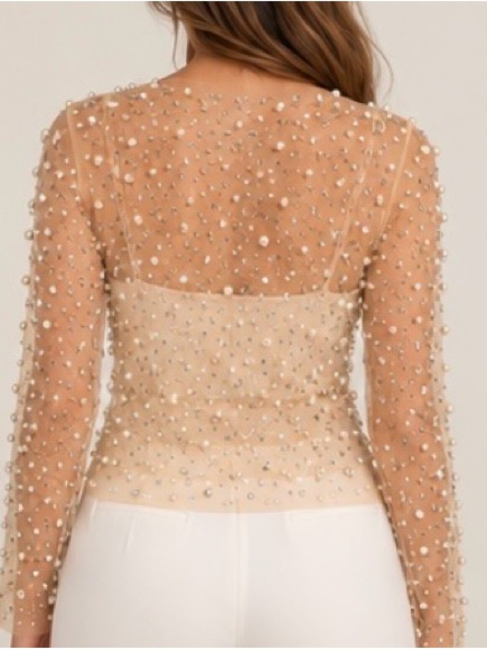 Chicwish Nude Pearl & Crystal Embellished Sheer Long-Sleeve Top - Picture 2 of 6